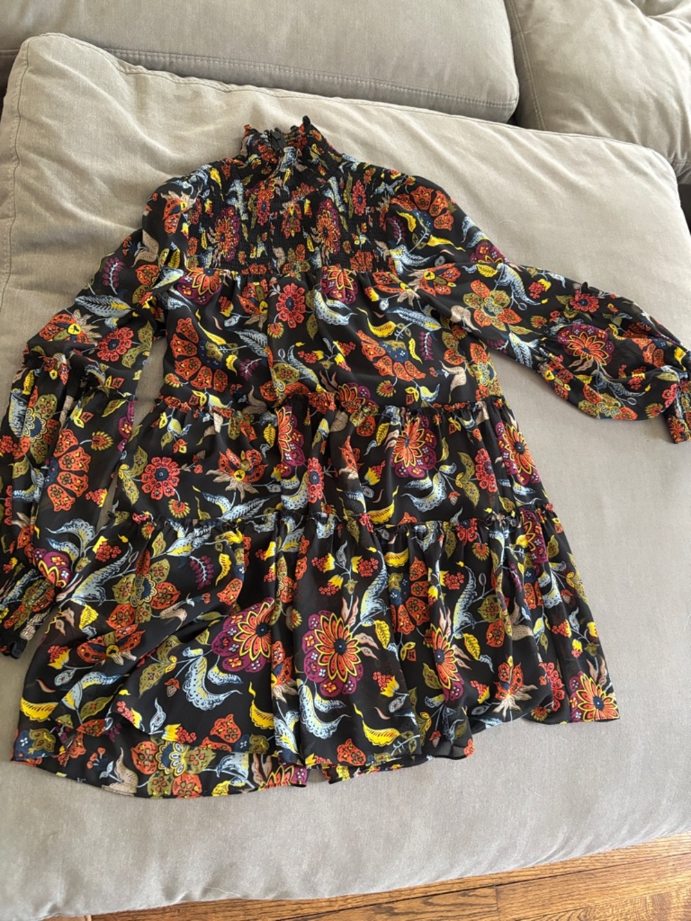 cinq a sept Black Floral-Paisley Tiered Mini Dress with Yellow & Red Accents